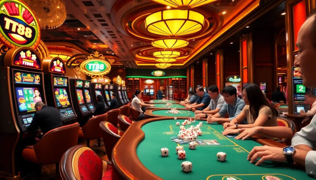Players enjoying TT88-winning moments at vibrant casino tables with colorful dice and lively atmosphere.